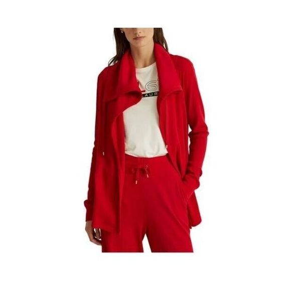 Lauren Ralph Lauren Women Sz L Red Thermal Waffle-Knit Open Front Cardigan $125 - Picture 9 of 10